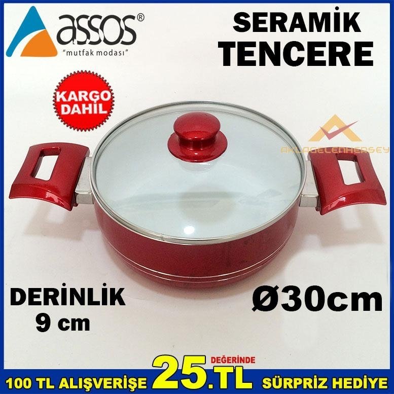Ücretsiz Kargo ASSOS SERAMİK 30cm DERİN YANMAZ YAPIŞMAZ TENCERE
