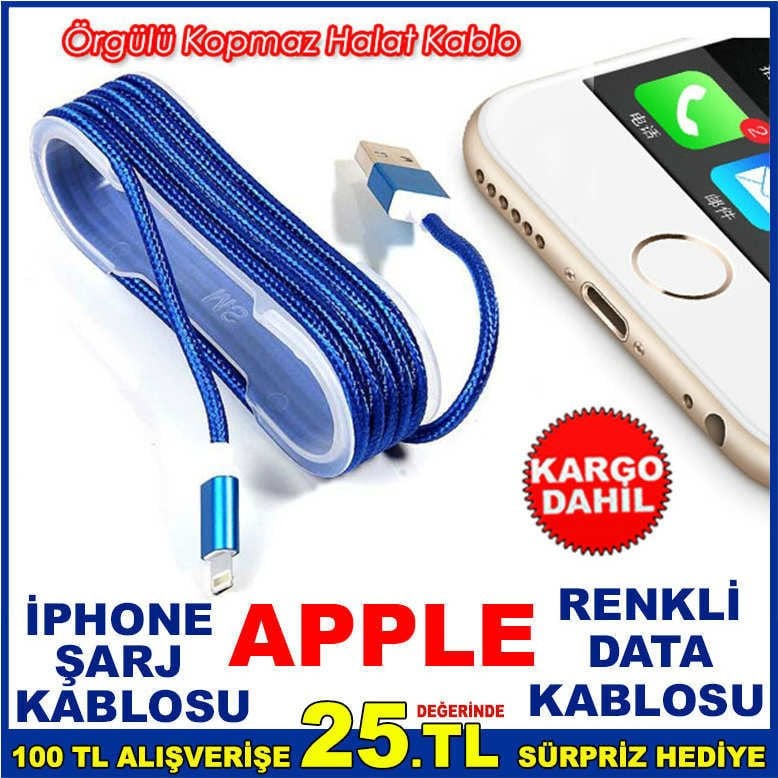 APPLE YENİ İPHONE 5-6 SERİSİ İÇİN RENKLİ İP ÖRGÜLÜ ÇELİK USB KALİTELİ ve HIZLI DATA ŞARJ KABLOSU