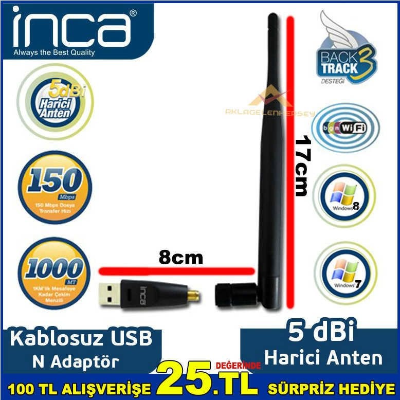 İNCA IUWA-150X ŞIK TASARIMLI 1000 METREYE KADAR AÇIK ALANDA ÇEKİM GÜÇLÜ KABLOSUZ USB ADAPTÖR