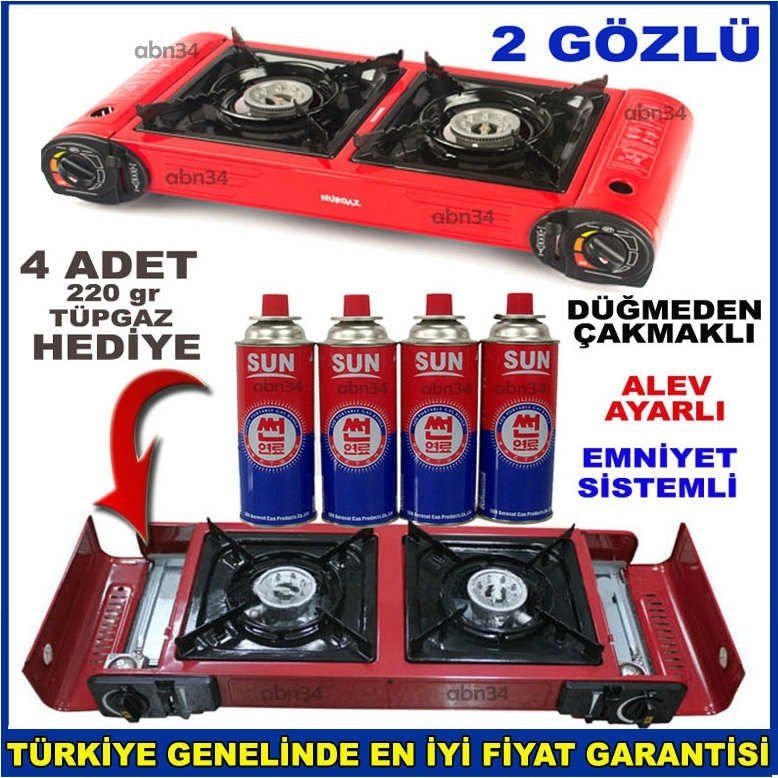 Tüpgazla Çalışan 2 gözlü Portatif Ocak 4 Tüp 220gr Gaz Hediyeli