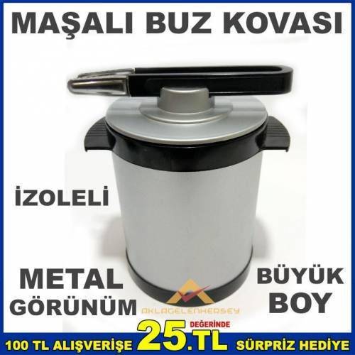 Metal görünümlü buz kovası çift kat plastik cidarlı izoleli büyük boy kapaklı buz kovası özel maşalı 