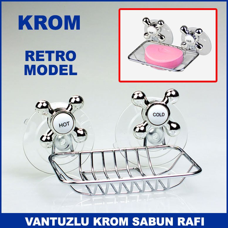 Çelik Üzeri Krom Kaplama Retro Musluk Başı Modeli Vantuzlu Sabun Rafı - Vakumlu Sabunluk - Süngerlik