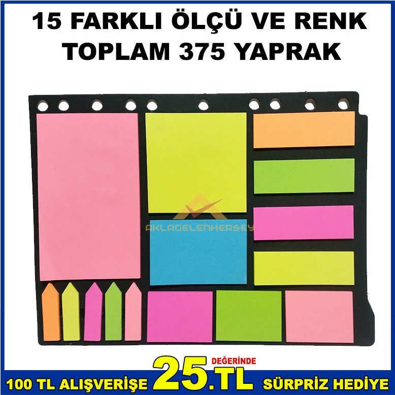 15 FARKLI ÖLÇÜ VE RENKLERDE 375 YAPRAKLI KENDİNDEN YAPIŞKANLI KAĞIT POST-IT