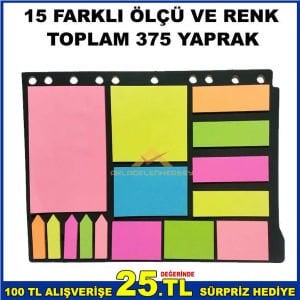 15 FARKLI ÖLÇÜ VE RENKLERDE 375 YAPRAKLI KENDİNDEN YAPIŞKANLI KAĞIT POST-IT