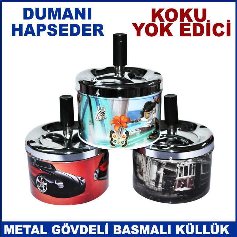 Metal Gövde Basmalı Dönerli Kül Tablası - Koku Yok Edici Küllük