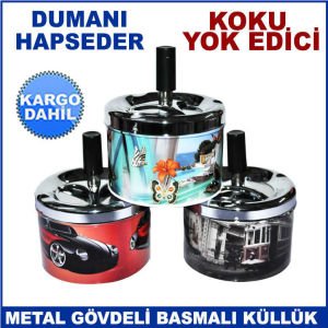 Metal Gövde Basmalı Dönerli Kül Tablası - Koku Yok Edici Küllük