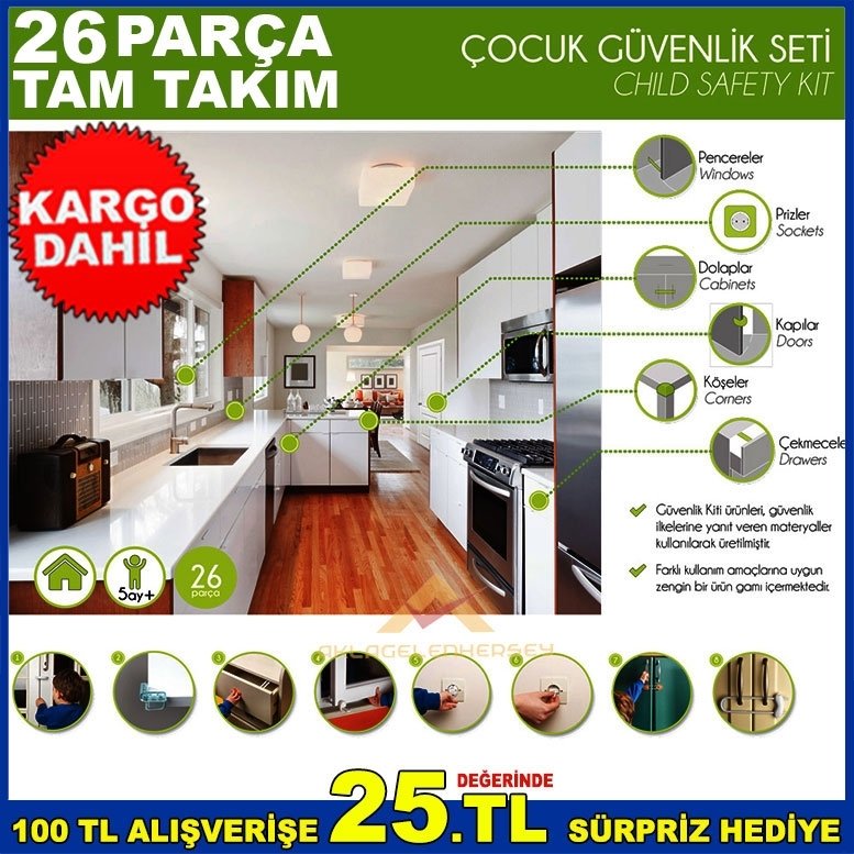 26p PENCERE-PRİZ-DOLAP-KAPI-KÖŞE-ÇEKMECE ÇOCUK BEBEK GÜVENLİK SET