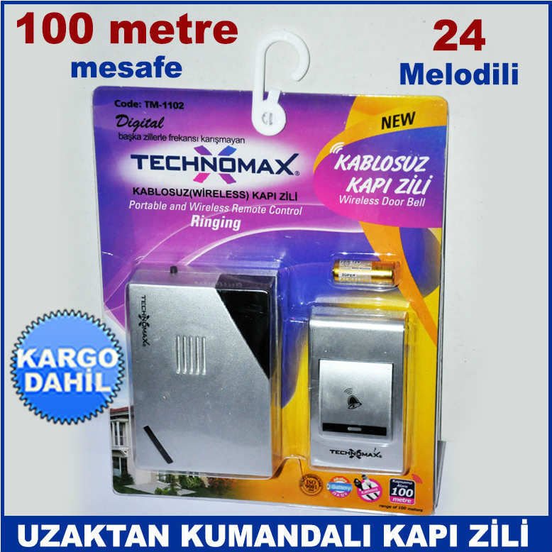 Metalik Gümüş Gri Uzaktan Kumandalı Kapı Zili 24 Melodi ile 100 metre Mesafede Çekim Gücü