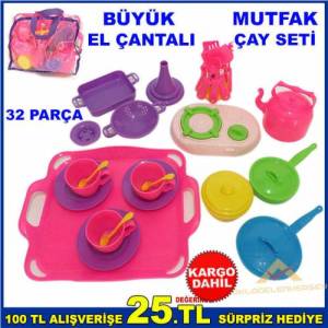 Büyük taşıma El Çantalı Sağlam Plastik 32 Parça oyuncak mutfak gereçleri ve Çay Takımı
