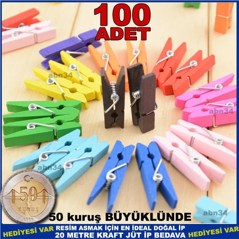 Rengarenk 100 ad renkli mini ahşap mandal,20mt özel ip hediye