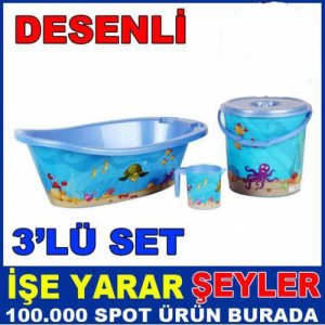MAVİ RENK RENK DENİZ DESEN BEBEK YIKAMA BANYO KÜVET SETİ KOVA MAŞRAPA KÜVET FİLESİ ile KÜVET TAKIMI