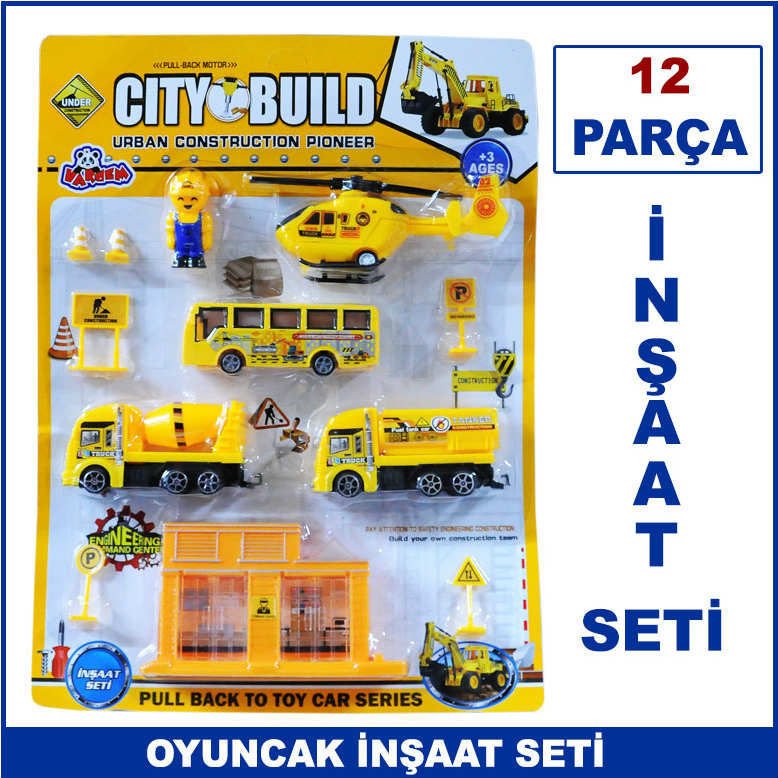 12 Parça Helikopterli İnşaat Seti Oyuncağı - Mesleki Oyuncak Setleri - Kaliteli ve Dayanıklı