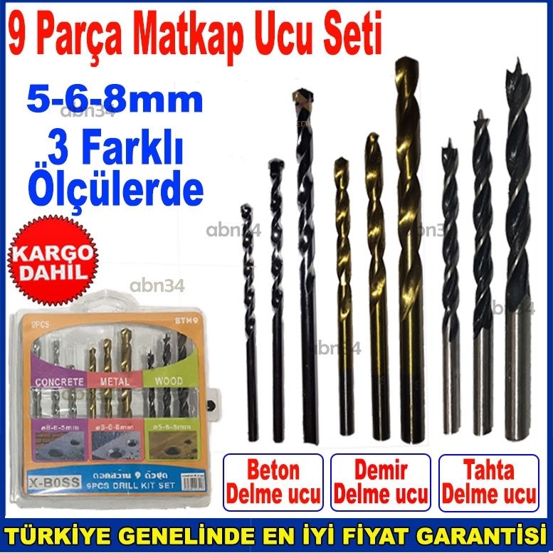 Beton, Demir, Ahşap 9 Parça Değişik Ölçülerde Matkap Ucu Seti