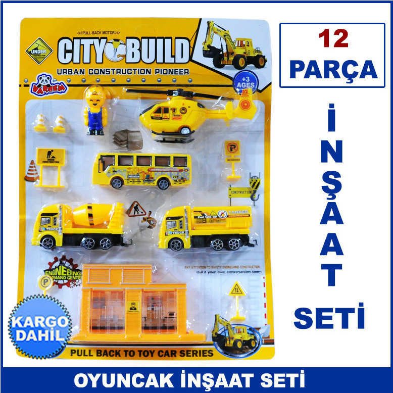 12 Parça Helikopterli İnşaat Seti Oyuncağı - Mesleki Oyuncak Setleri - Kaliteli ve Dayanıklı