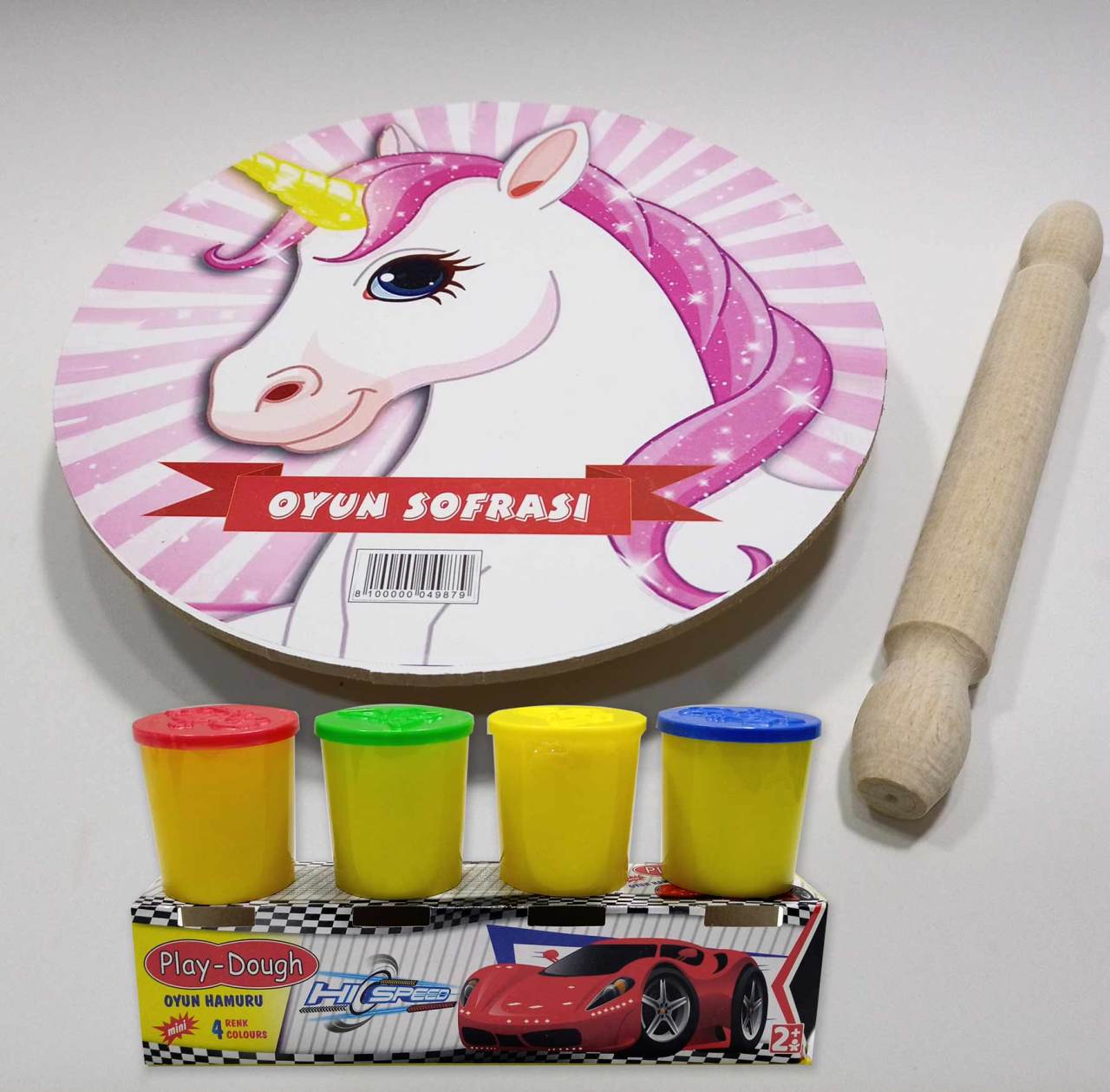 4 Renk Oyun Hamuru Hediyeli Unicorn Model Merdaneli Oyun Sofrası Seti 25cm Sofra-24cm Merdane-4x50gr Sağlıklı Hamurlarla