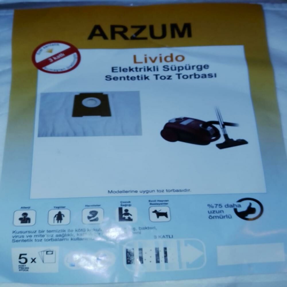 Abnturk  Özel Üretim 5 Adet ARZUM LİVİDO Süpürge Toz Torbası Sıfır Düzeyinde 3 Kat Elyaf