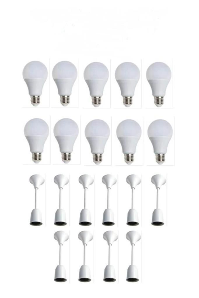Muhafazalı Porselen Asma Duy Takımı 10w Led Ampül 10lu Set Paket