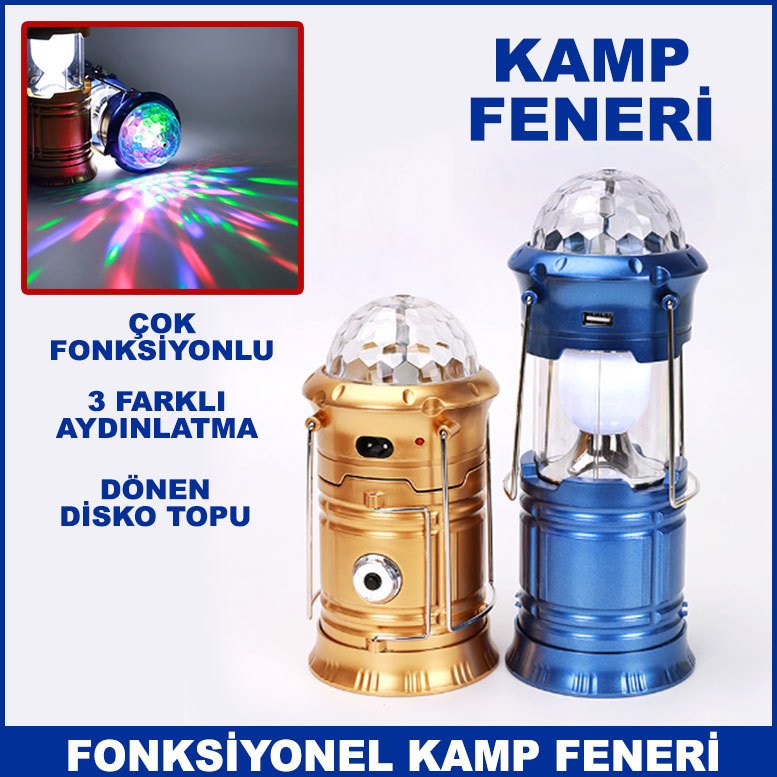 Şarjlı Çok Fonksiyonlu Disko Toplu Power Bank Özellikli Kamp Feneri - El Feneri Işıldak
