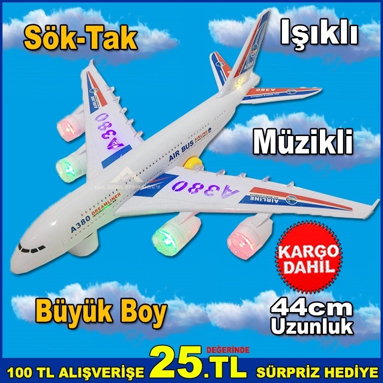 AIRBUS A380 Işıklı,Müzikli Büyük Boy 6 Parçaya Ayrılabilen Uçak