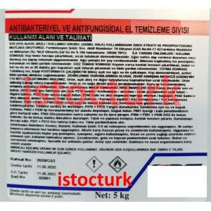5 Litre Antibakteriyel Dezenfektan Sıvısı,Antifungisidal Gliserin Katkılı El Temizleyici %70 Ethanol