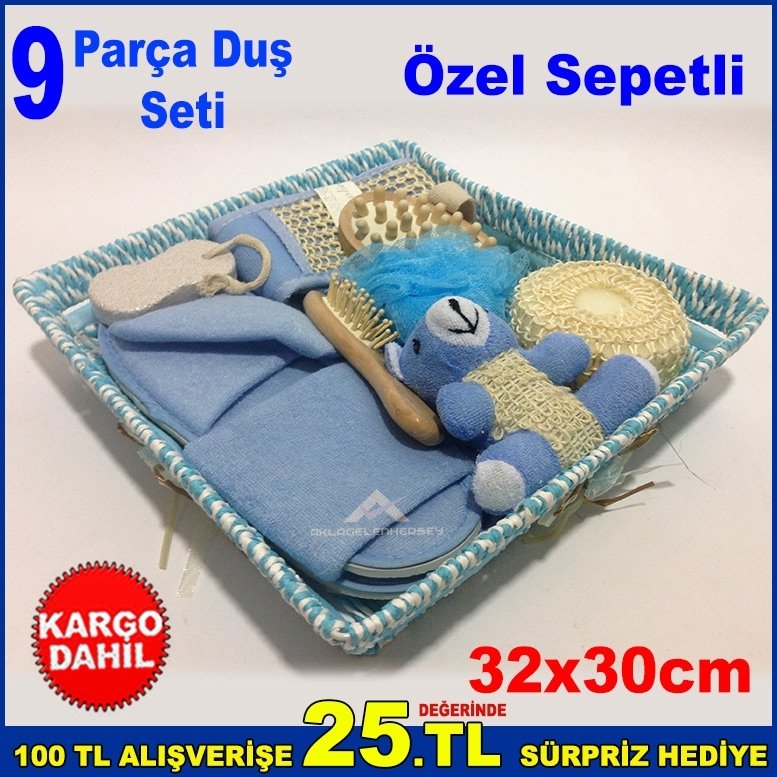 9 Parçadan Oluşan Duş Seti 32x30cm Özel Sepetli Kese Seti