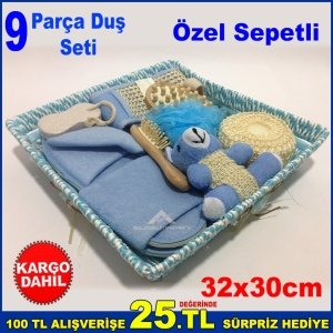9 Parçadan Oluşan Duş Seti 32x30cm Özel Sepetli Kese Seti