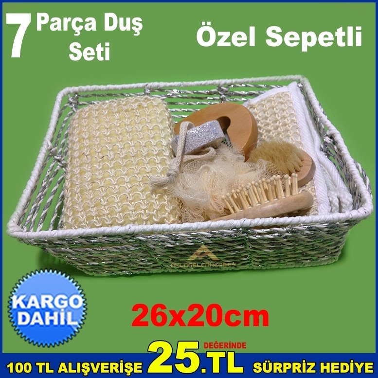 7 Parçadan Oluşan Duş Seti 26x20cm Özel Sepetli Kese Seti