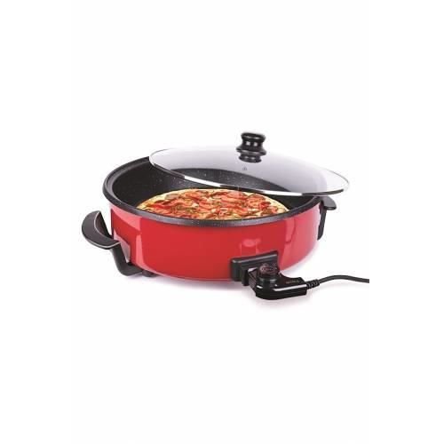 Granit iç yuzey 32 cm Genişlik  Elektrikli pizza tenceresi 1500W Cam Kapaklı  Elektrikli Tencere