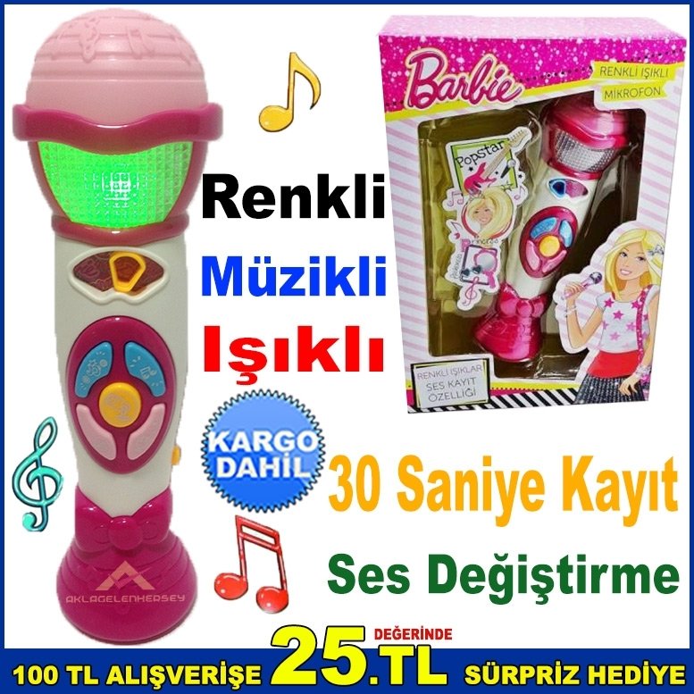 Barbie Renkli Sesli ve Işıklı Mikrofon Ses Değiştirme Özellikli