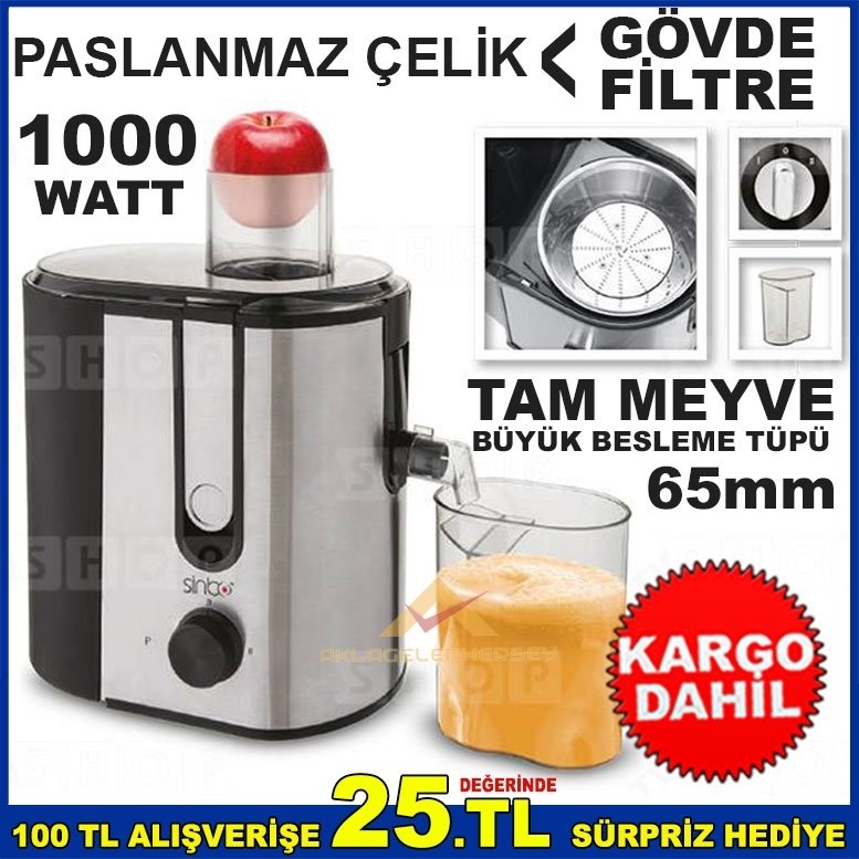 SİNBO 1000W PASLANMAZ ÇELİK GÖVDE VE FİLTRELİ KATI MEYVE SIKACAĞI