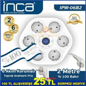 İnca Akım Korumalı Priz 2 Metre Uzatma Kablolu 6 Lı Topraklı Priz %100 Bakır Kablolu Işıklı Anahtar