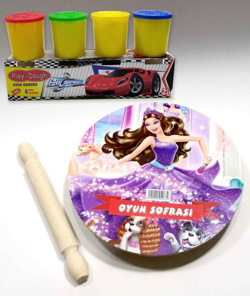 4 Renk Oyun Hamuru Hediyeli Prenses Model Merdaneli Oyun Sofrası Seti 25cm Sofra-24cm Merdane-4x50gr