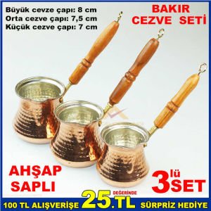 3'lü SET AHŞAP SAPLI BAKIR KAHVE CEZVE TAKIMI -2