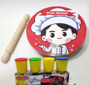4 Renk Oyun Hamuru Hediyeli Aşçı Model Merdaneli Oyun Sofrası Seti 25cm Sofra-24cm Merdane-4x50gr