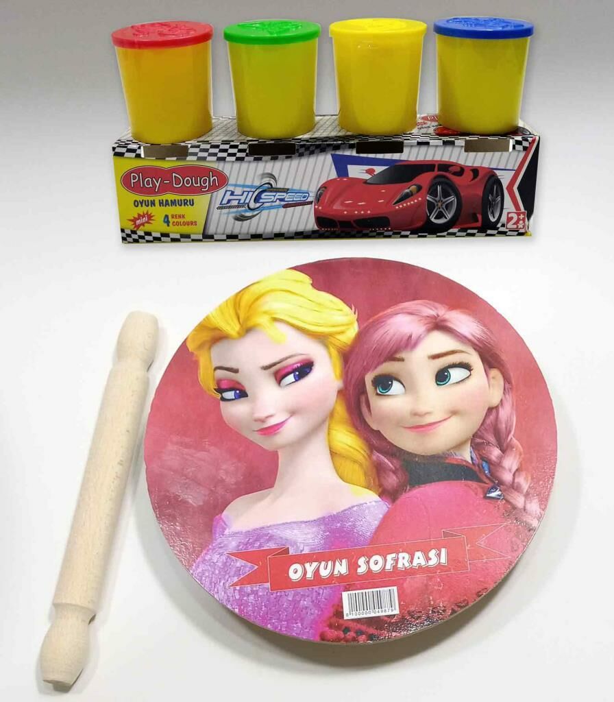 4 Renk Oyun Hamuru Hediyeli 2 Kızlı Model Merdaneli Oyun Sofrası Seti 25cm Sofra-24cm Merdane-4x50gr