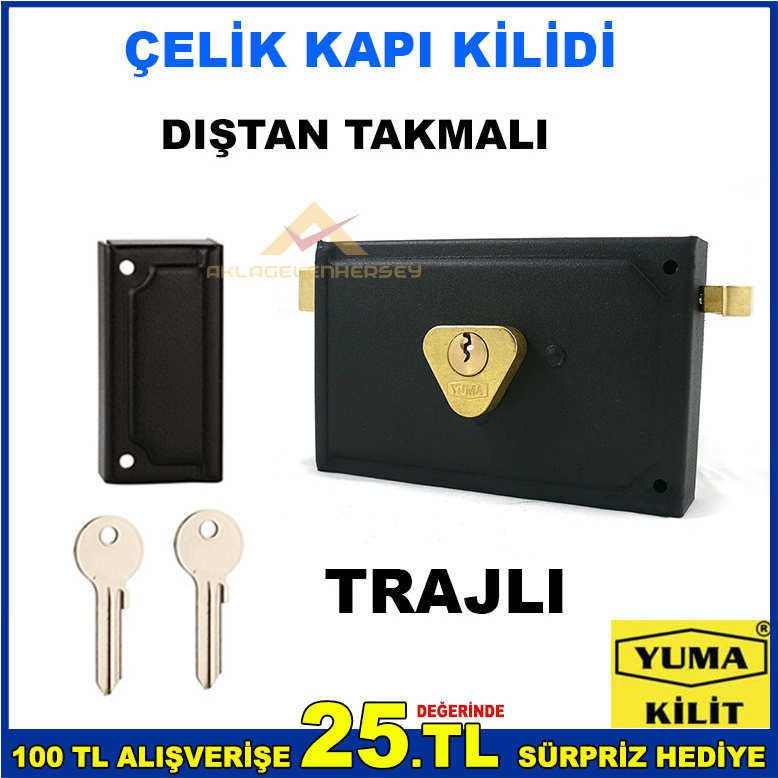 YumaYM-14K ÇELİK KAPI DIŞTAN TAKMA TRAJLI KİLİT, Tse garantili Bahçe,Apartman kapısı dış kapı kilidi