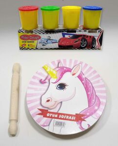 4 Renk Oyun Hamuru Hediyeli Unicorn Model Merdaneli Oyun Sofrası Seti 25cm Sofra-24cm Merdane-4x50gr