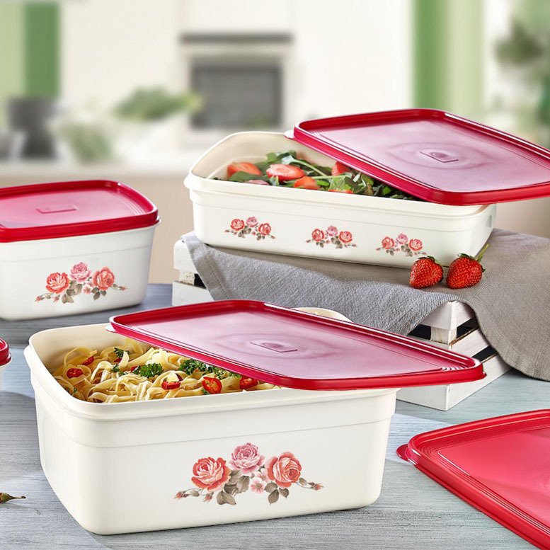 Çiçek Desenli Hava Almaz Kapaklı Dikdörtgen Saklama Kabı 2,5 lt Kapasiteli