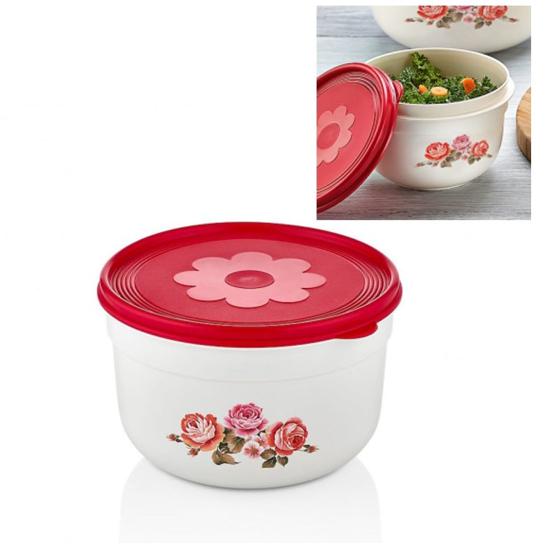 Çiçek Desenli Hava Almaz Kapaklı Yuvarlak Saklama Kabı 3 lt Kapasiteli