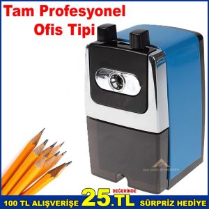 OFİS TİPİ PROFESYONEL KALEMTRAŞ OFİS TİPİ BÜYÜK BOY MASAYA MONTE EDİLEBİLİR KOLLU KALEMTIRAŞ MAVİ