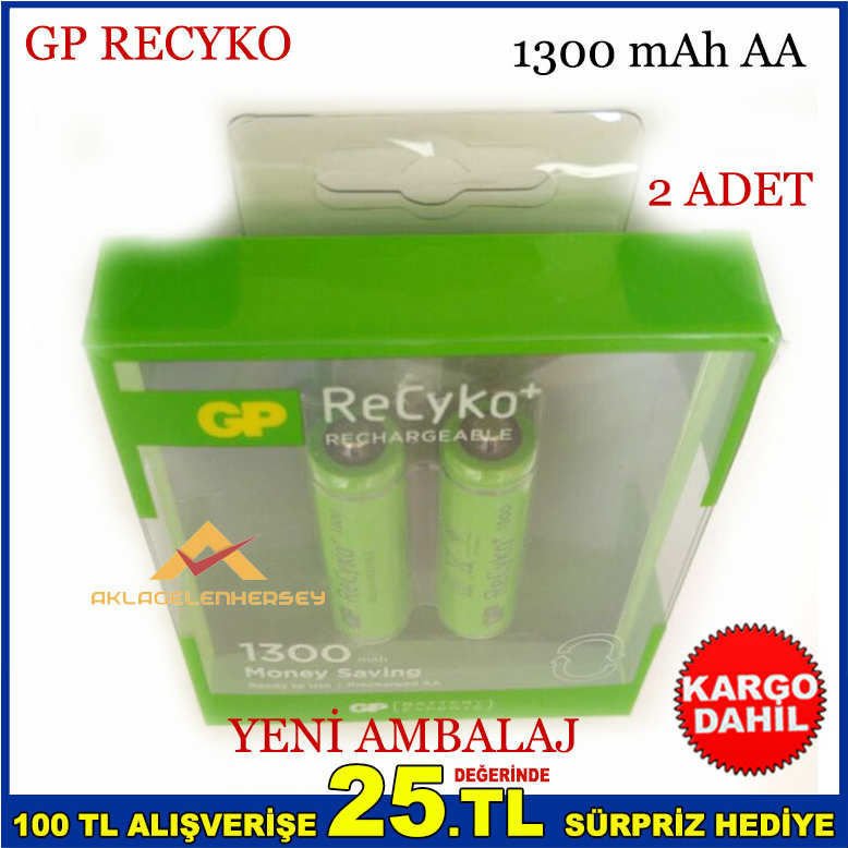 2 ADET GP RECYKO 1300 MAH AA ŞARJLI KALEM PİL -1