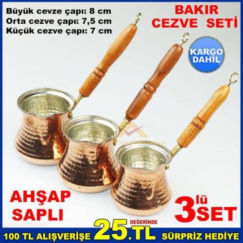 3'lü SET AHŞAP SAPLI BAKIR KAHVE CEZVE TAKIMI