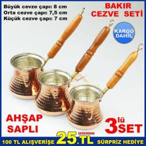 3'lü SET AHŞAP SAPLI BAKIR KAHVE CEZVE TAKIMI