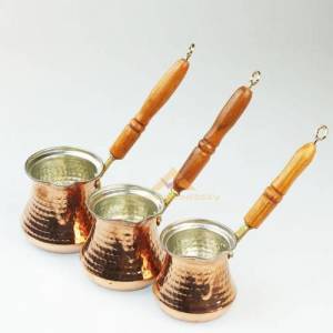 3'lü SET AHŞAP SAPLI BAKIR KAHVE CEZVE TAKIMI