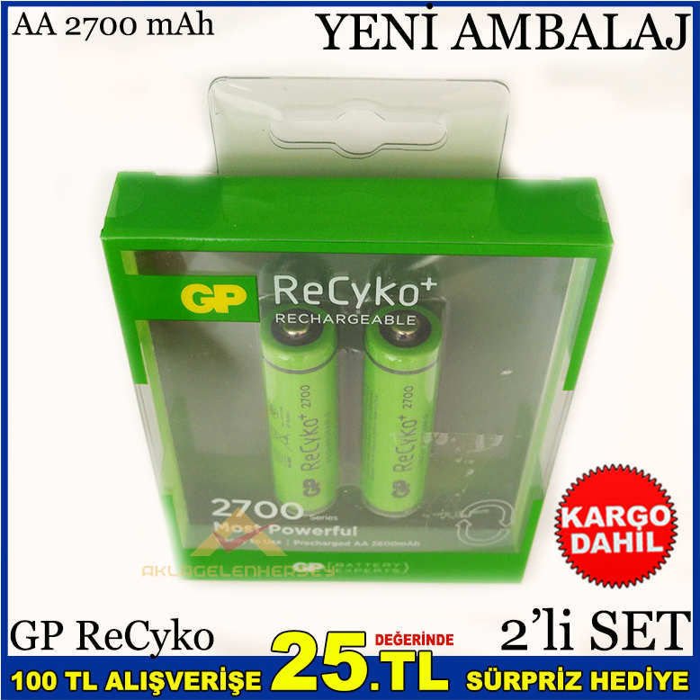2 ADET GP RECYKO 2700 MAH AA ŞARJLI KALEM PİL -1