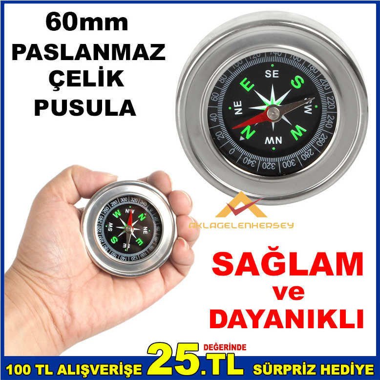 60mm PASLANMAZ ÇELİK SAĞLAM ve DAYANIKLI PUSULA