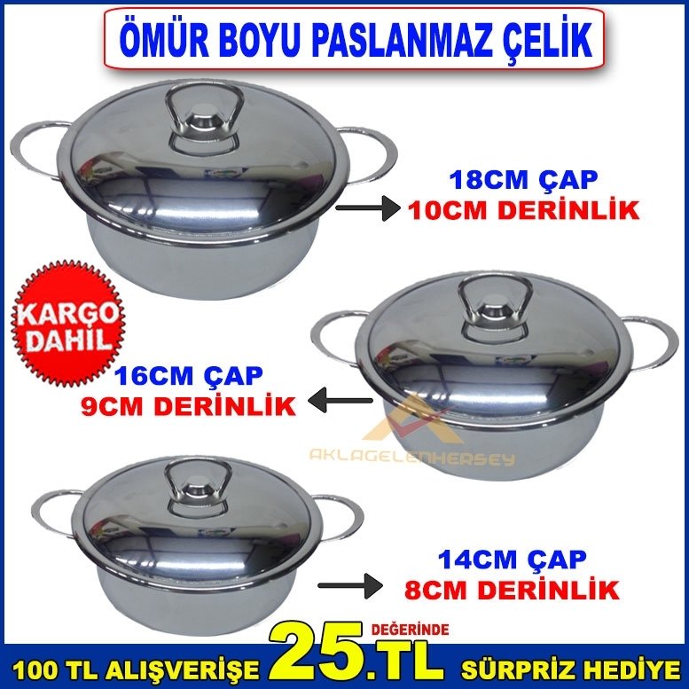 ÖMÜR BOYU GARANTİLİ ÇELİK TENCERE SETİ 3lü ÇELİK GÜVEÇ TENCERELER