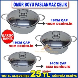 ÖMÜR BOYU GARANTİLİ ÇELİK TENCERE SETİ 3lü ÇELİK GÜVEÇ TENCERELER