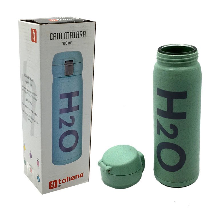 İçi Cam Dışı Başak Tozundan Üretilmiş Sağlıklı Cam Matara 400 ml Doğa Dostu Kilitli Su Matarası