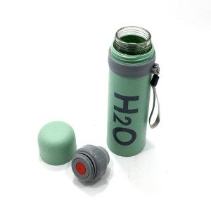 İçi Cam Dışı Başak Tozundan Üretilmiş Askılı Cam Matara 400 ml Doğa Dostu Kilitli Su Matarası